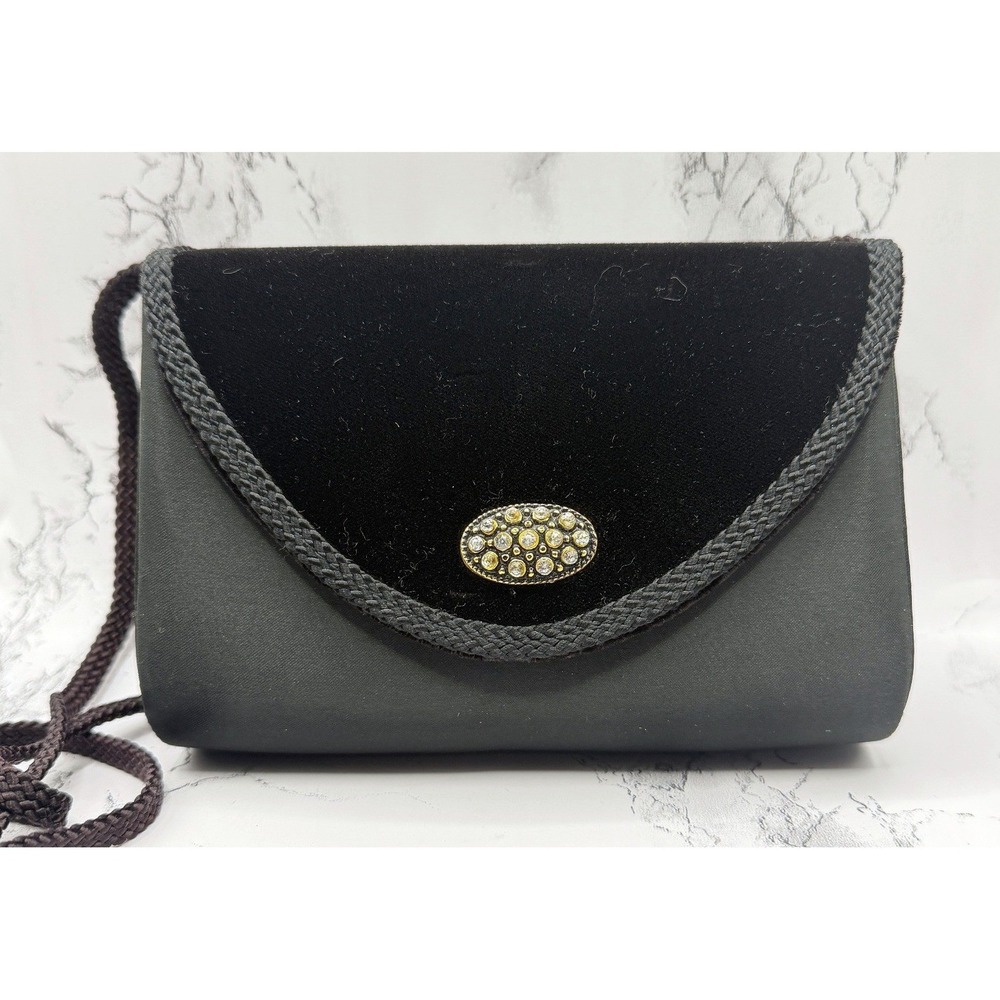 La Regale Black Velvet Evening Clutch Rhinestone Snap Braided Strap Hand Made
